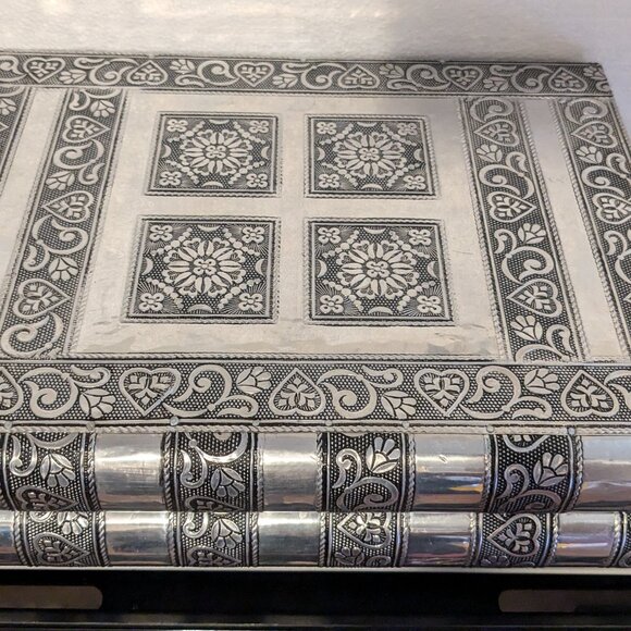 Ornate Etched Wooden Pull Out Silver Tone Wooden Tiered Organizer Jewelry Box - Picture 3 of 7
